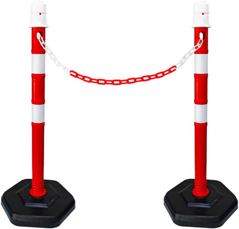 Olmecs Portable 100CM Delineator Post Cones with Weighted Base | Safety Demountable Reflective Traffic Delineator Warning Post for Parking Lot with Sign Board Attachable Socket (2Pc Red with Chain)