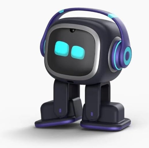 EMO AI desktop pet, black color with blue lights on eyes