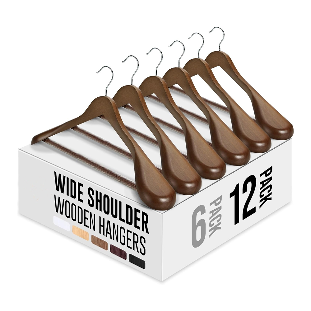 Willow 12 Pack, Wide Shoulder Wooden Hangers  Wood Suit Hangers for Men with Non Slip Pants Bar