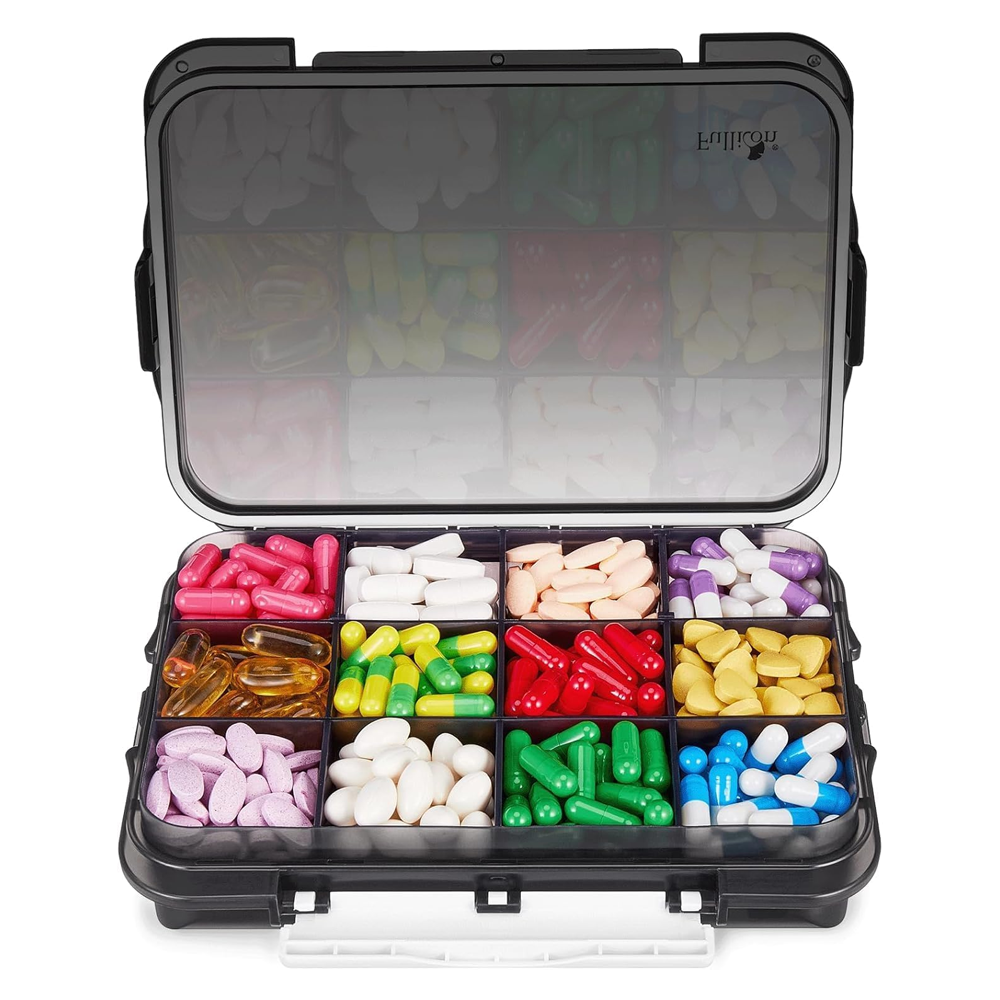 Fullicon Daily Travel Moisture Proof Medicine Box with 12 Extra Large Compartment, Pill Organizer with 3 Secured Buckles
