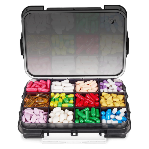 Fullicon Daily Travel Moisture Proof Medicine Box with 12 Extra Large Compartment, Pill Organizer with 3 Secured Buckles