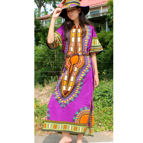 Womens 100% Cotton Long Kaftan Dress Summer Dashiki African Print - Tribe