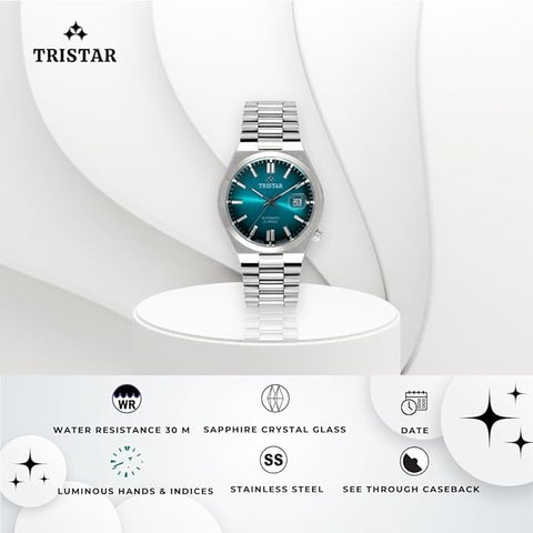 Tristar NJ Series Men's Automatic Watch Gradiant Blue Index Dial Stainless Steel Bracelet Wrist Watch for Men