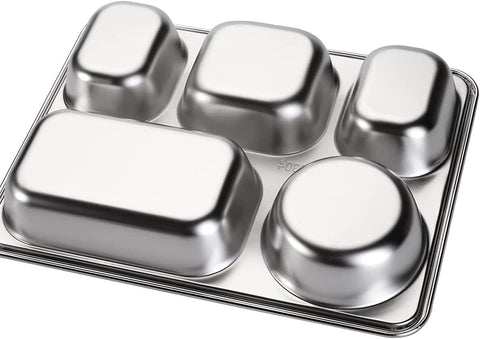Stainless Steel Divided Plates with Lid for Adults Divided Dinner Tray 5 sections