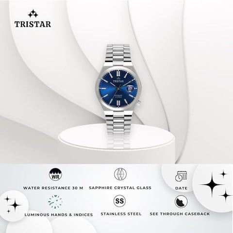 Tristar NJ Series Men's Automatic Watch Blue Index Dial Stainless Steel Bracelet Wrist Watch for Men