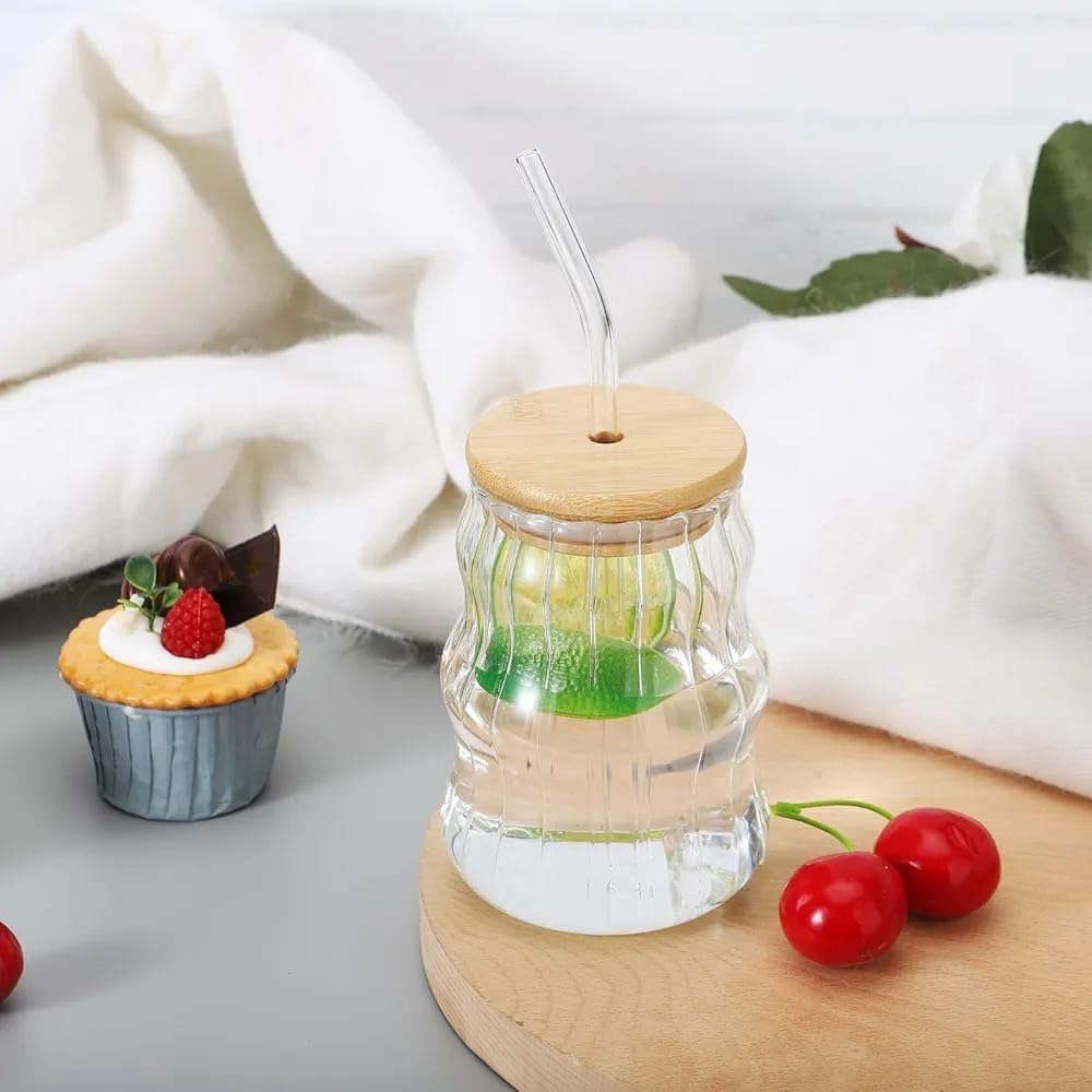 Liying 1Pcs Glass Cups with Bamboo Lids and Glass Straw 500ML Shaped Cups