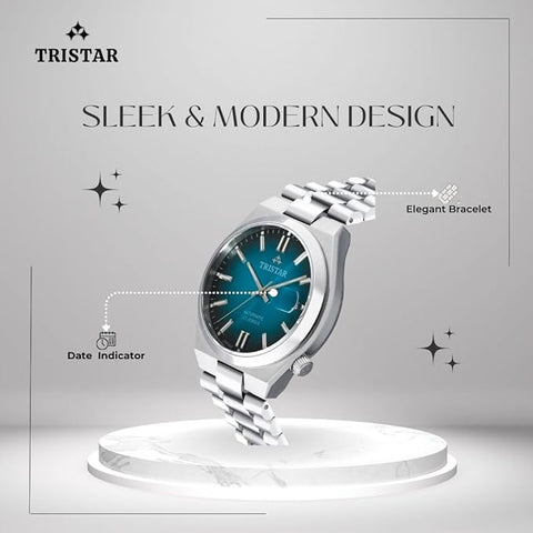 Tristar NJ Series Men's Automatic Watch Gradiant Blue Index Dial Stainless Steel Bracelet Wrist Watch for Men