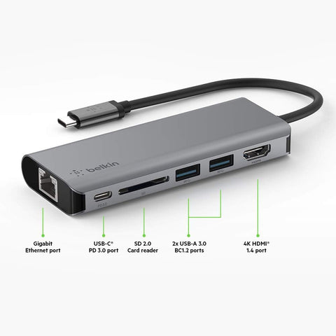 Belkin USB C Hub, 6-in-1 MultiPort Adapter Dock with 4K HDMI, USB-C 100 W PD