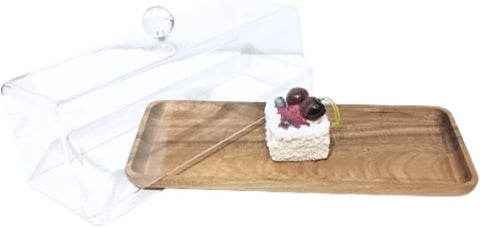 Liying Rectangular Cake Tray, Cake Wooden Plate Dish with Acrylic Display Cover Lid