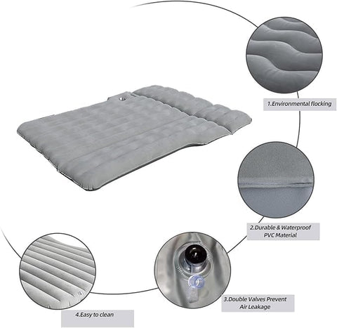 Inflatable Car Air Mattress with Back Seat Support & Pump Black– Ideal for Road Trips, Camping, and Travel Comfort (Grey)