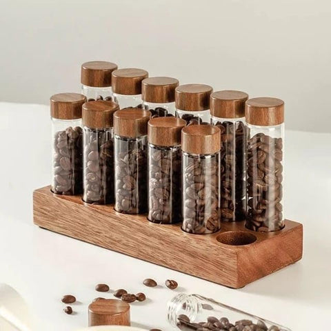 Olmecs 12Pcs Coffee Bean Storage Tubes with Wooden Stand, Glass Vials with Lids for Tea, Coffee, and Spices