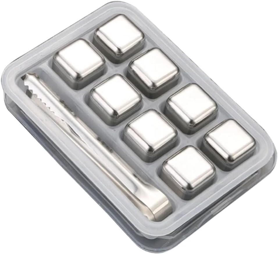 8pcs Stainless Steel Reusable Ice Cubes with Barman Tongs and Freezer Tray for cold coffee, Chill Drinks