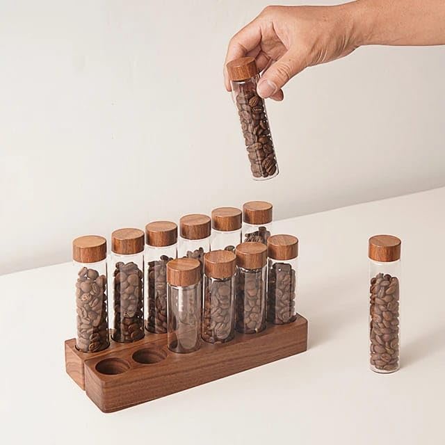Olmecs 12Pcs Coffee Bean Storage Tubes with Wooden Stand, Glass Vials with Lids for Tea, Coffee, and Spices