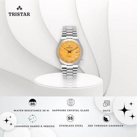 Tristar NJ Series Men's Automatic Watch Yellow Index Dial Stainless Steel Bracelet Wrist Watch for Men