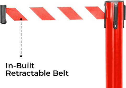 Olmecs 4 Way Connecting Queue Barrier - Red | Retractable Stanchions with 2 Meter Nylon Belt | Durable Crowd Control for Queue Management, Events
