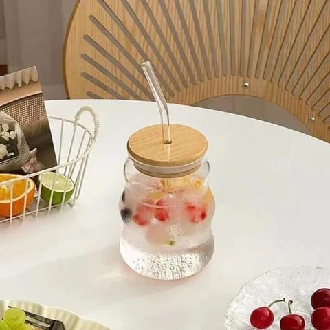 Liying 1Pcs Glass Cups with Bamboo Lids and Glass Straw 500ML Shaped Cups