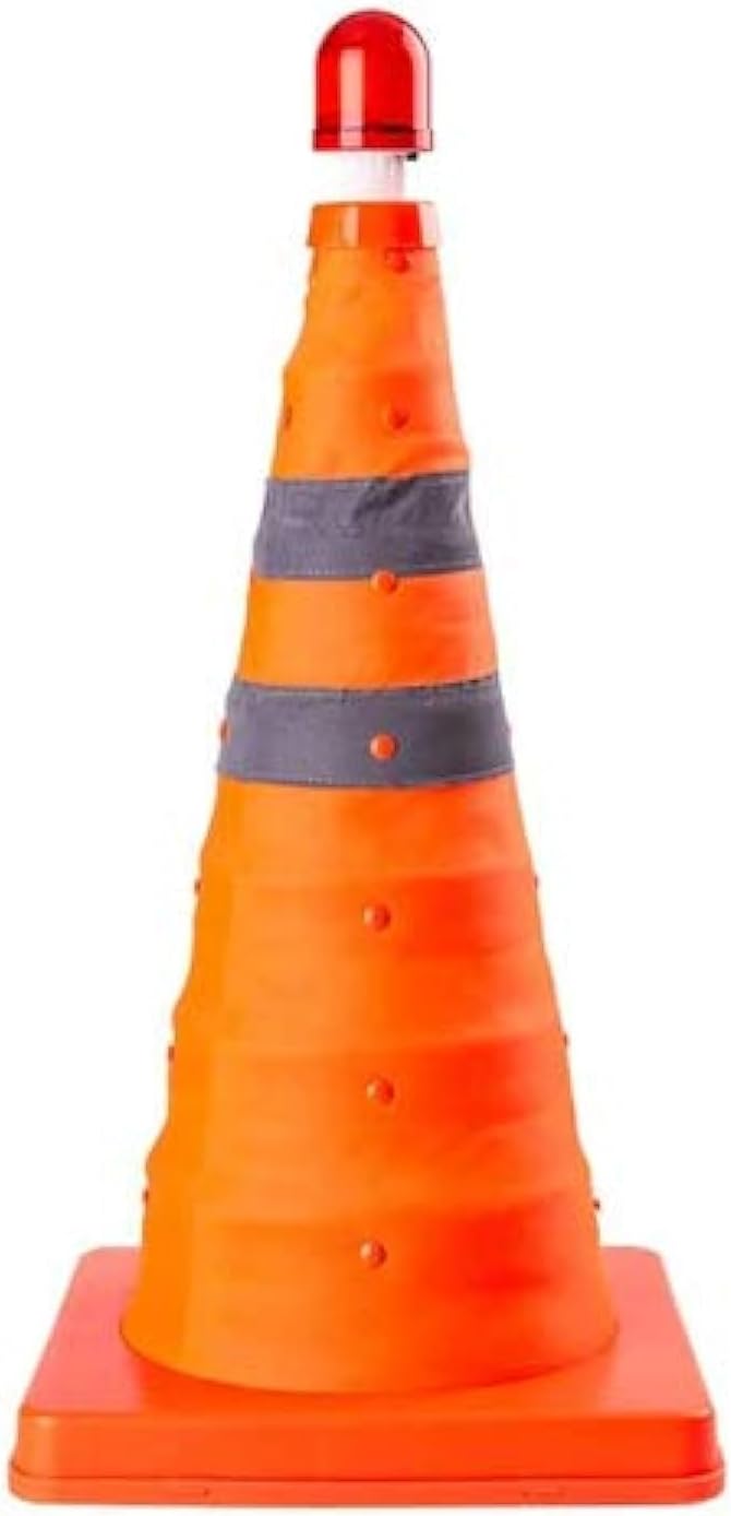 Olmecs Multi Purpose Reflective Collapsible Safety Pylon with Red Warning Light, 50CM Portable Warning Cone for Roadside Emergencies and Parking (1 Cone)