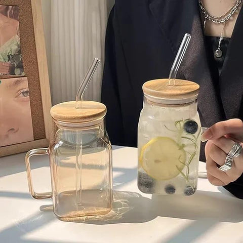 Liying 500ml Mug with Bamboo Lid and Glass Straw Set