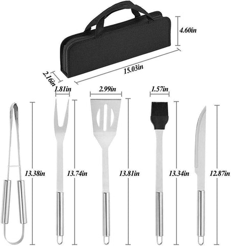 Olmecs Stainless-Steel BBQ Grill Tool Set with Knife Brush Fork Spatula and Tong with Oxford Bag (5 Pieces)