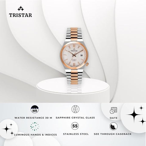 Tristar NJ Series Men's Automatic Watch White Index Dial 2 Tone Rose Bracelet Wrist Watch for Men
