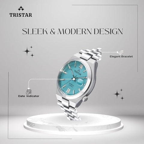 Tristar NJ Series Men's Automatic Watch Tiffany Index Dial Stainless Steel Bracelet Wrist Watch for Men