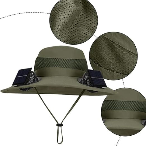Wide Brim Outdoor Fishing Hat 2 Solar Powered Fans & USB Charging