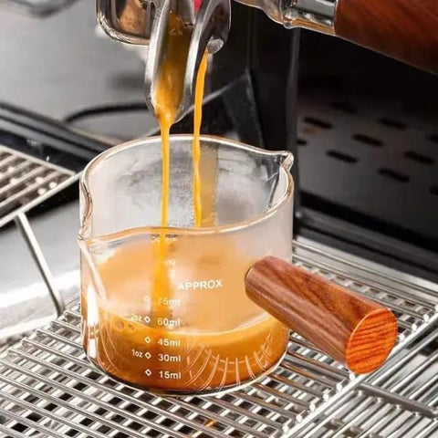Olmecs 2Pcs Espresso Measuring Cup and Espresso Shot Glass with Wooden Handle and Double Spouts