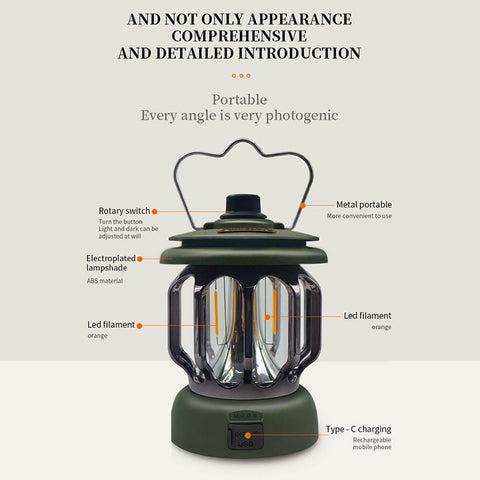 Ultra-Bright Rechargeable (LED Lantern- Army Green) Waterproof & USB Powered Torch with Hook for Camping