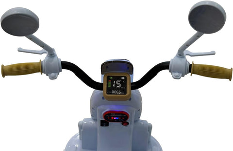 VLRA kids Electric Mobility Scooter, White and Tan, Digital Display, Twin Seat Design, Retro Style with Bunny Decal, Dual Mirrors 3-7 years
