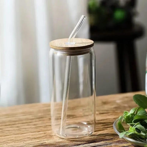 Liying 1Pcs Glass Cups with Bamboo Lids and Glass Straw 400ML Shaped Cups