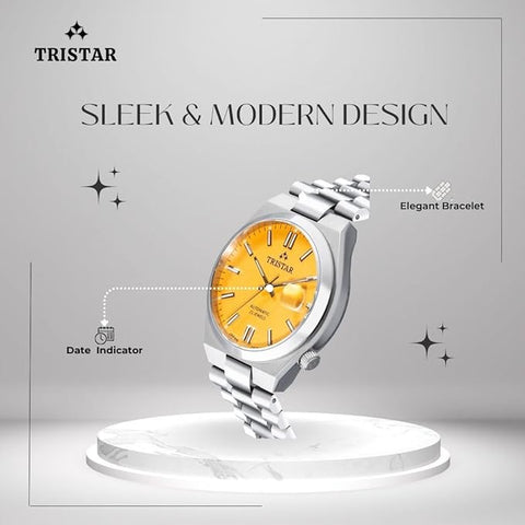 Tristar NJ Series Men's Automatic Watch Yellow Index Dial Stainless Steel Bracelet Wrist Watch for Men