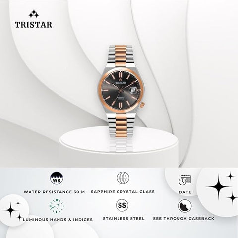 Tristar NJ Series Men's Automatic Watch Black Index Dial Rose Gold 2 Tone Bracelet Wrist Watch for Men