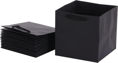 Willow 10Pc Pack Shopping Paper Bags Black Kraft Square Base Plain with Ribbon Handle (15x15x15cm), Black Kraft)