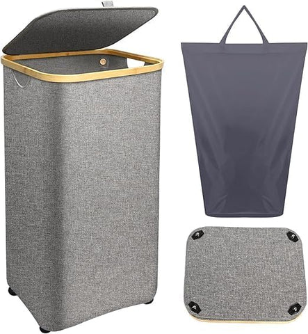 Foldable Laundry Hamper with Lid – Bamboo Frame & Fabric Liner - Large / Medium