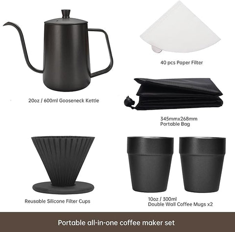 Premium Portable Pour-Over Coffee Maker Set – Complete Travel Brewing Kit for Coffee Enthusiasts (5 Pcs Set)