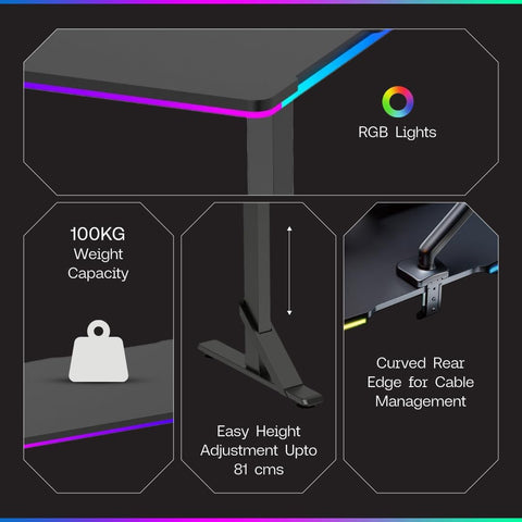 Navodesk Gaming Desk with Dynamic RGB Lights (Black, 133 x 60 CM)
