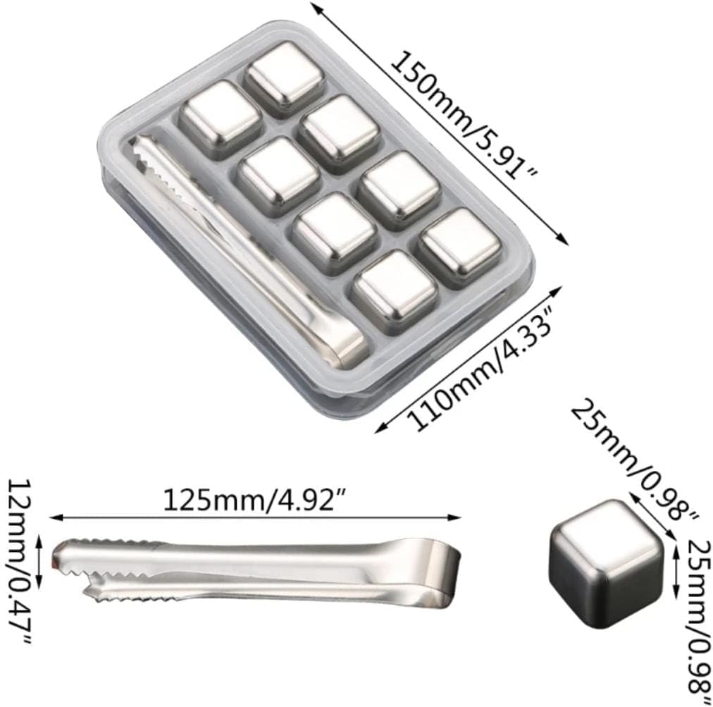 8pcs Stainless Steel Reusable Ice Cubes with Barman Tongs and Freezer Tray for cold coffee, Chill Drinks