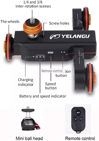 YELANGU 3-Wheels Wireless Remote Control Video Camera Dolly, 3-Speed Motorized Electric Track Rail Slider Dolly Car