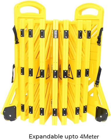 Olmecs 4 Meter Expandable Folding Plastic Barrier – Yellow | Retractable Safety Barricade with Wheels & Handle | Portable Crowd Control Fence