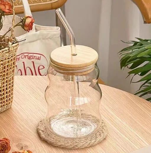 Liying 1Pcs Glass Cups with Bamboo Lids and Glass Straw 500ML Shaped Cups