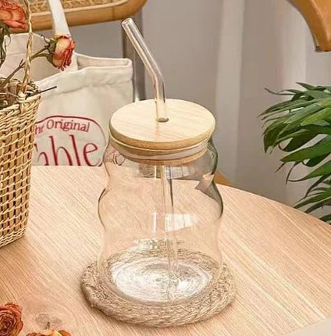 Liying 1Pcs Glass Cups with Bamboo Lids and Glass Straw 500ML Shaped Cups