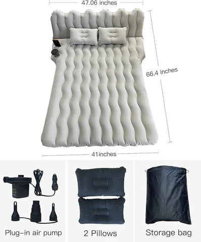 Inflatable Car Air Mattress with Back Seat Support & Pump Black– Ideal for Road Trips, Camping, and Travel Comfort (Grey)