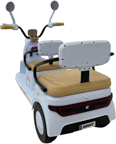 VLRA kids Electric Mobility Scooter, White and Tan, Digital Display, Twin Seat Design, Retro Style with Bunny Decal, Dual Mirrors 3-7 years