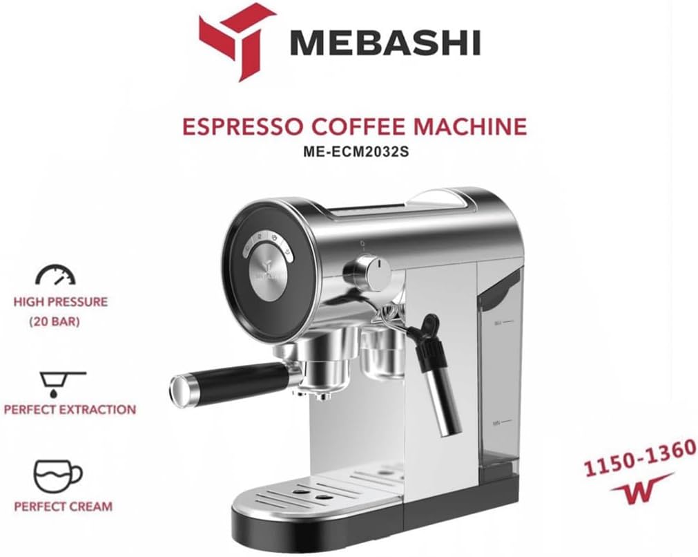 MEBASHI Espresso Coffee Machine - 0.9L, 20 Bar (ME-ECM2032)(1150-1360W) (Black/Red/Silver)
