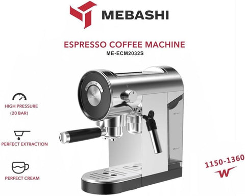 MEBASHI Espresso Coffee Machine - 0.9L, 20 Bar (ME-ECM2032)(1150-1360W) (Black/Red/Silver)