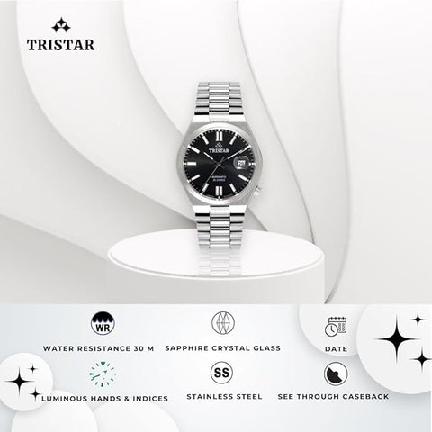 Tristar NJ Series Men's Automatic Watch Black Index Dial Stainless Steel Bracelet Wrist Watch for Men