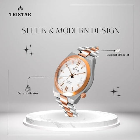 Tristar NJ Series Men's Automatic Watch White Index Dial 2 Tone Rose Bracelet Wrist Watch for Men