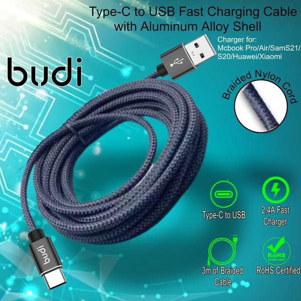 Budi Type-C 3 Meter 2.4A Braided Cable – Black DC206T30B