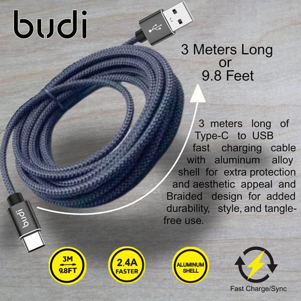 Budi Type-C 3 Meter 2.4A Braided Cable – Black DC206T30B