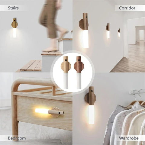 Indoor LED Night Light with Motion Sensor Wooden Wall Light Magnetic USB - Olmecs